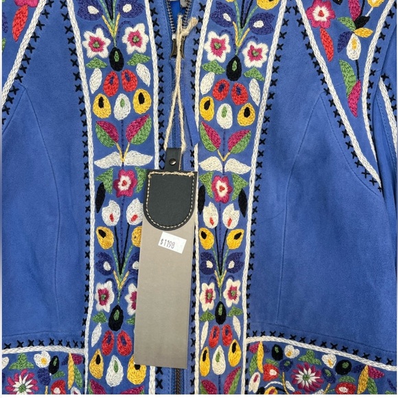 Double D Ranch leather fringe jacket floral embroidered cross stitch RTL $1200 - Picture 2 of 9